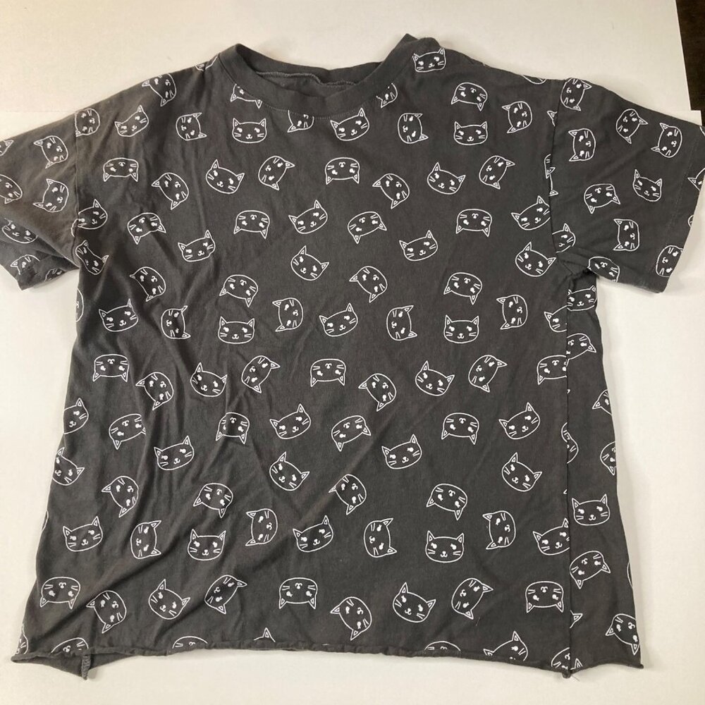 Womens Awake Cats Tee Shirt Gray Black White M Cotton Short Sleeve